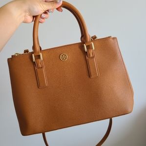 Tory Burch "Robinson Mini EW" Saffiano Tote - Tan